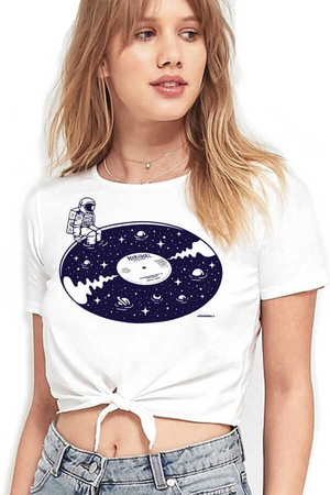 Rock & Roll - 45lik Uzay Beyaz Kesik Crop Top Bağlı Kadın T-shirt