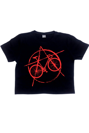 Abisiklet Siyah Kısa, Kesik Crop Top Kadın T-shirt - Thumbnail