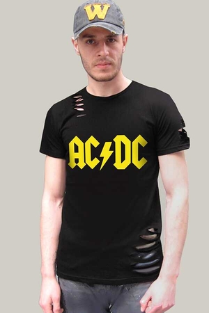  - ACDC Logo Kısa Kollu Yırtık Ripped Siyah Tişört