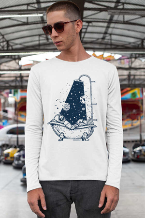Astro Duş Beyaz Bisiklet Yaka Uzun Kollu Penye Erkek T-shirt - Thumbnail