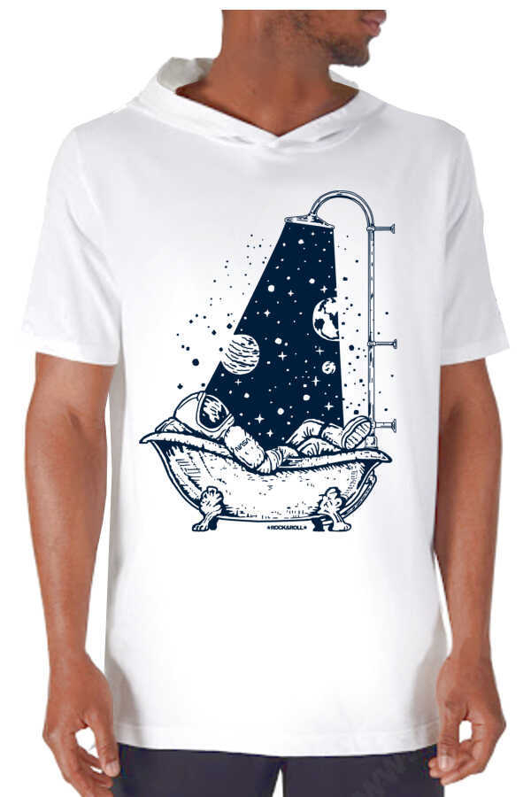 Astro Duş Beyaz Kapşonlu Kısa Kollu Erkek T-shirt