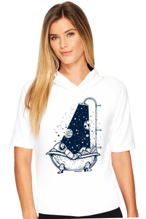 Rock & Roll - Astro Duş Beyaz Kapşonlu Kısa Kollu Kadın T-shirt