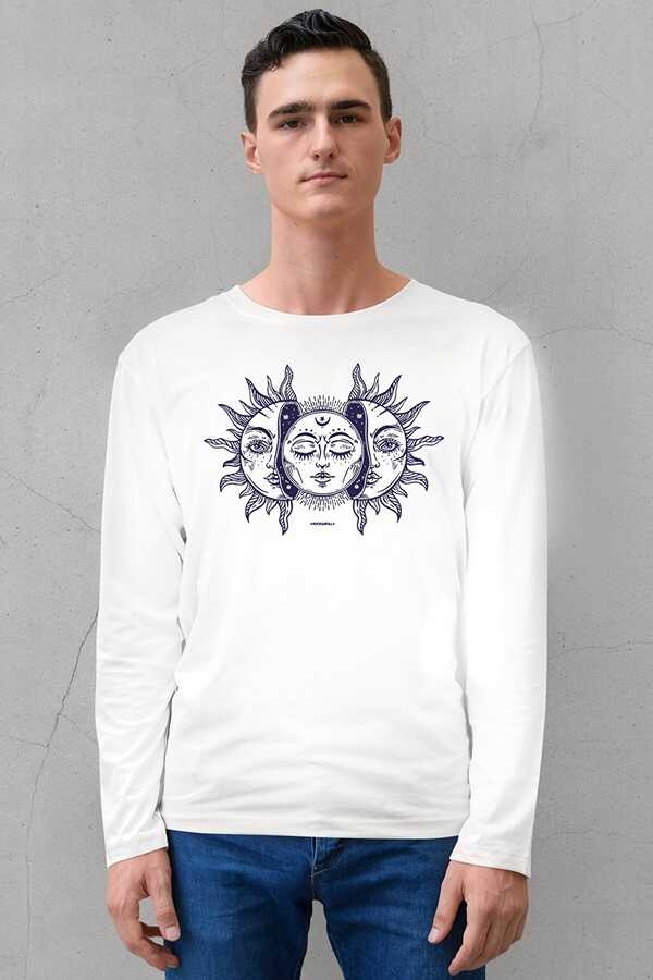Ay Güneş Beyaz Bisiklet Yaka Uzun Kollu Penye Erkek T-shirt