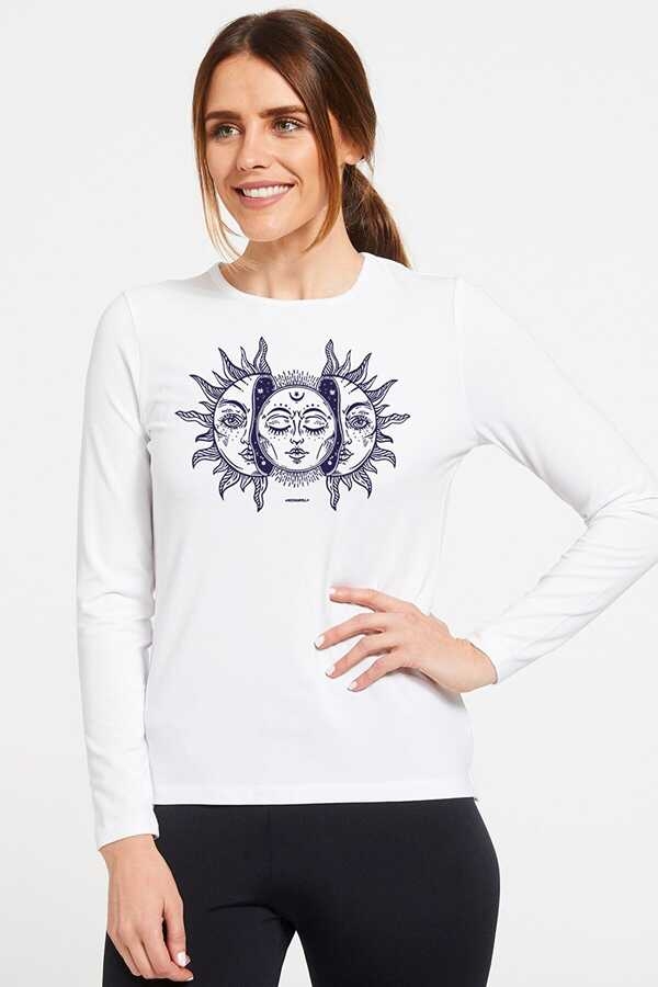Ay Güneş Beyaz Bisiklet Yaka Uzun Kollu Penye Kadın T-shirt