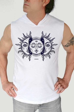  - Ay Güneş Beyaz Kapşonlu Kesik Kol | Kolsuz Erkek T-shirt | Atlet