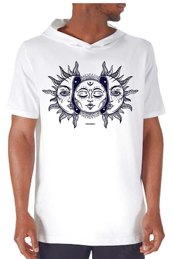 Ay Güneş Beyaz Kapşonlu Kısa Kollu Erkek T-shirt
