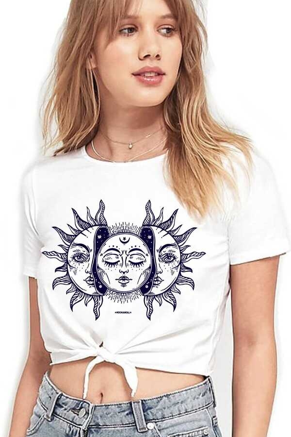 Ay Güneş Kesik Crop Top Bağlı Beyaz Kadın | Bayan Tişört