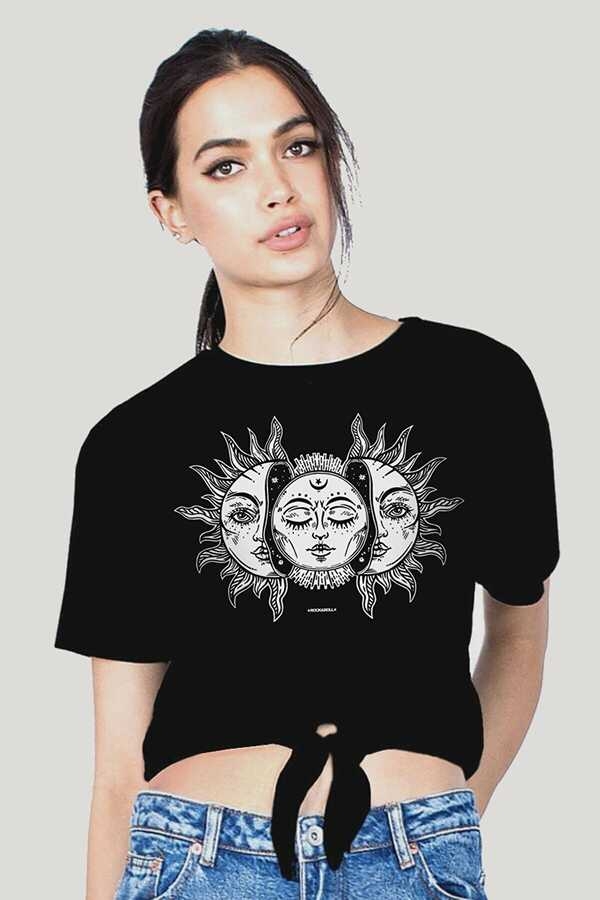 Ay Güneş Kesik Crop Top Bağlı Siyah Kadın | Bayan Tişört