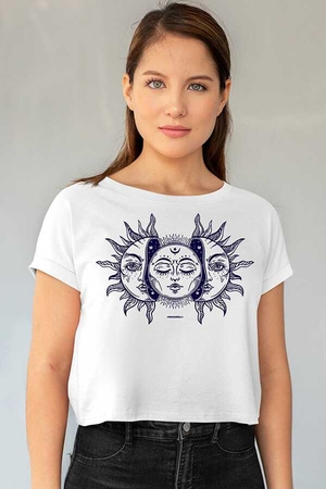 Ay Güneş Kısa, Kesik Crop Top Beyaz Kadın | Bayan Tişört - Thumbnail