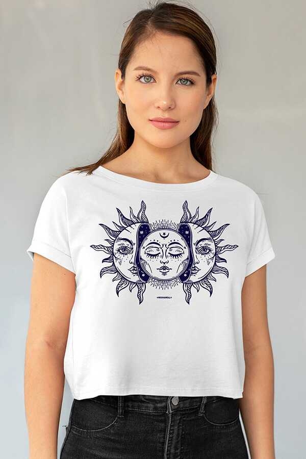 Ay Güneş Kısa, Kesik Crop Top Beyaz Kadın | Bayan Tişört