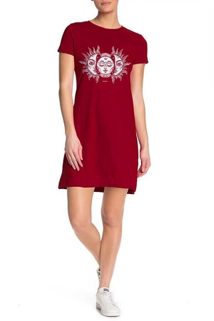 Ay Güneş Kısa Kollu Penye Kadın | Bayan Kırmızı T-shirt Elbise - Thumbnail