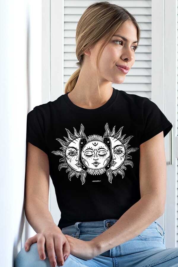 Ay Güneş Kısa Kollu Siyah Kadın|Bayan Tişört