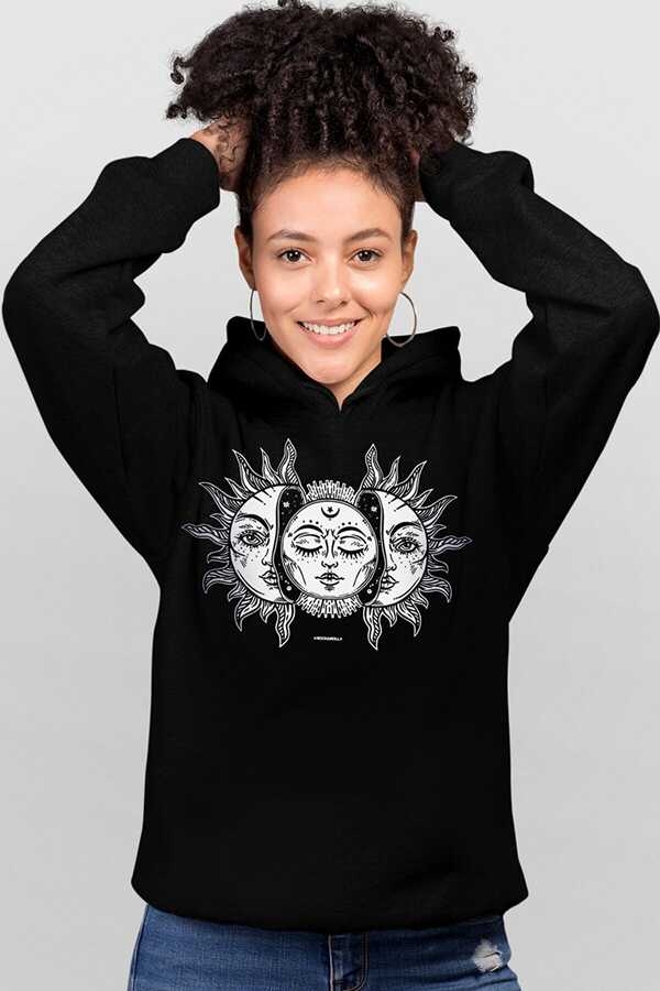 Ay Güneş Siyah Kapşonlu Kadın Sweatshirt