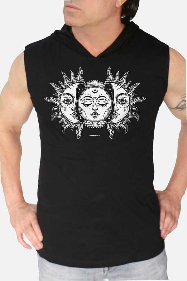 Ay Güneş Siyah Kapşonlu Kesik Kol | Kolsuz Erkek T-shirt | Atlet
