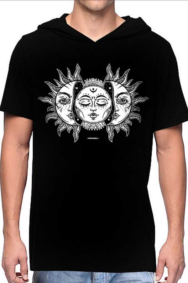 Ay Güneş Siyah Kapşonlu Kısa Kollu Erkek T-shirt
