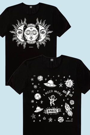 Rock & Roll - Ay Güneş Siyah, Uzayda Astronot Çocuk Tişört 2'li Eko Paket