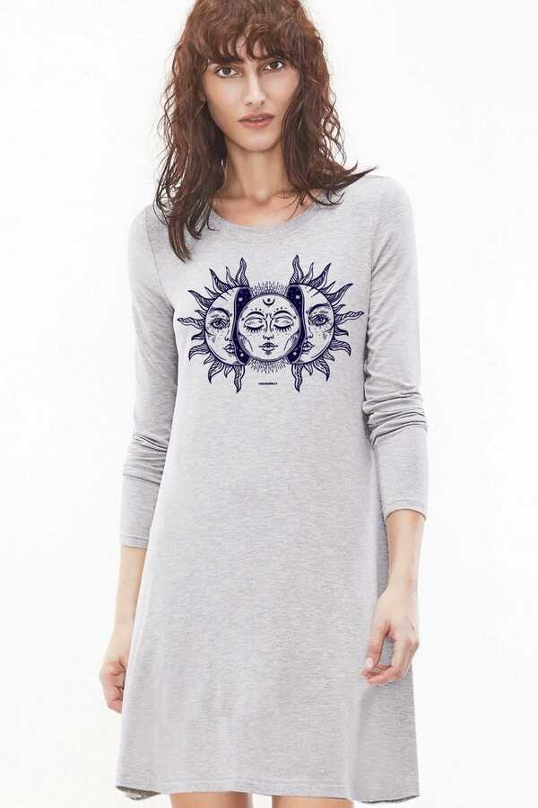 Ay Güneş Uzun Kollu Kadın | Bayan Kar Melanj Penye T-shirt Elbise