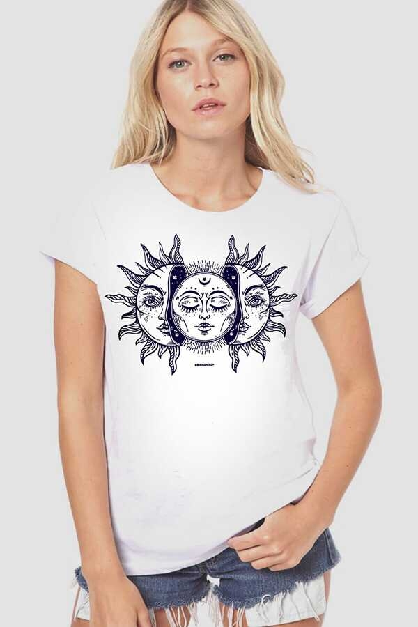 Ay ve Güneş Kısa Kollu Beyaz Kadın|Bayan Tişört