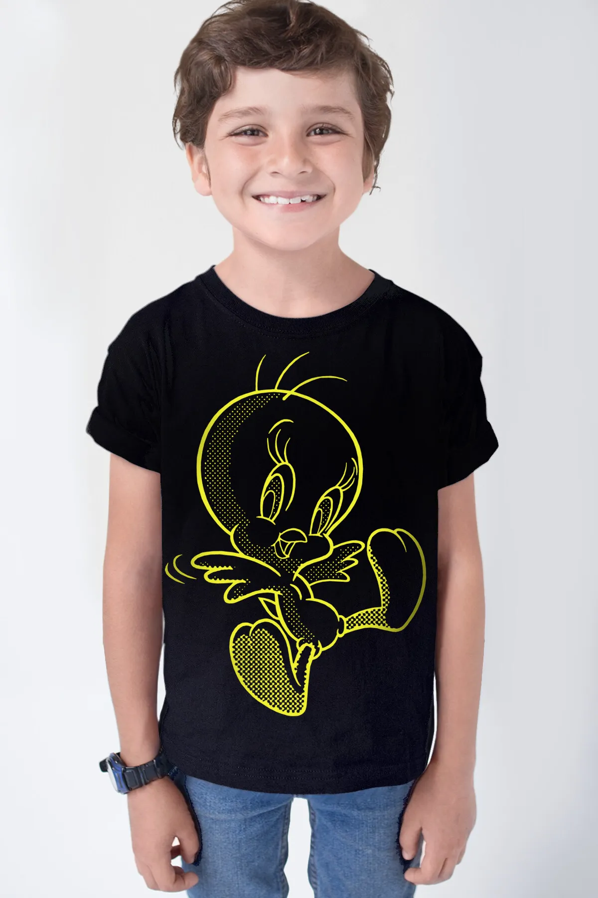 Neşeli Kuş Siyah Kısa Kollu Çocuk T-shirt