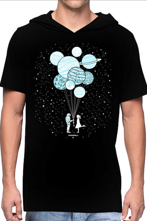 Balon Gezegenler Siyah Kapşonlu Kısa Kollu Erkek T-shirt