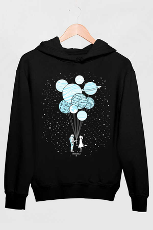 Balon Gezegenler Siyah Kapüşonlu Kalın Erkek Sweatshirt - Thumbnail