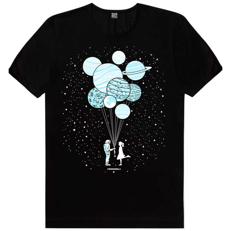 Balon Gezegenler Kısa Kollu Siyah T-shirt
