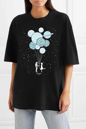 Balon Gezegenler Siyah Siyah Oversize Kısa Kollu Kadın T-shirt - Thumbnail