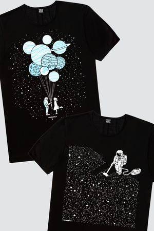 Rock & Roll - Balon Gezegenler, Süpürgeli Astrontot Kadın 2'li Eko Paket T-shirt