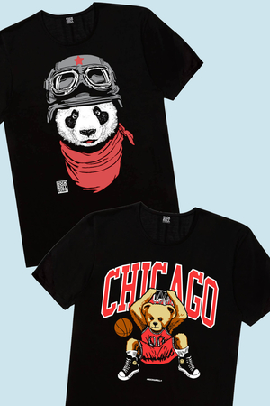 Rock & Roll - Bandanalı Panda, Chicago Basket Çocuk Tişört 2'li Eko Paket