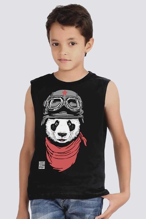 Bandanalı Panda Kesik Kol | Kolsuz Siyah Çocuk Tişört | Atlet - Thumbnail