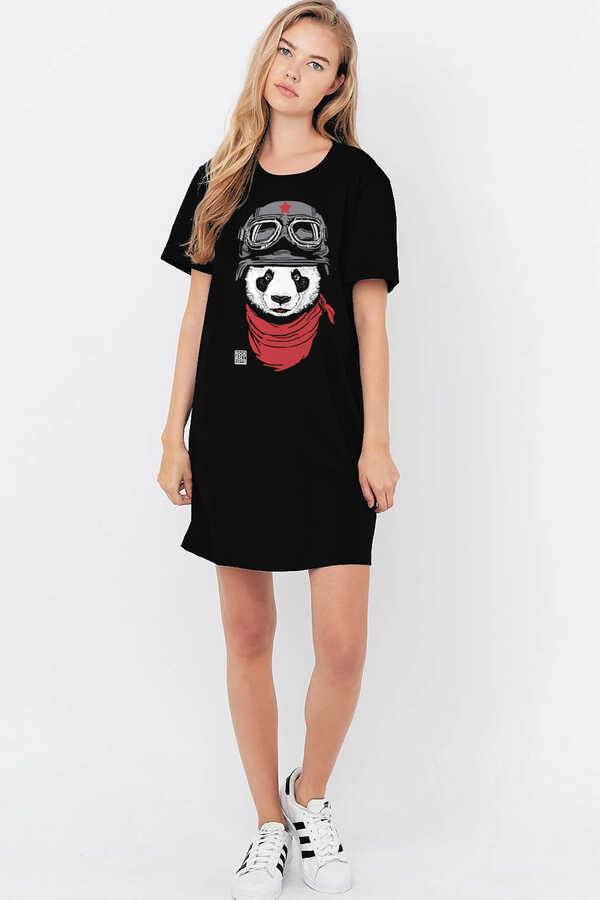 Bandanalı Panda Kısa Kollu Penye Kadın | Bayan Siyah T-shirt Elbise