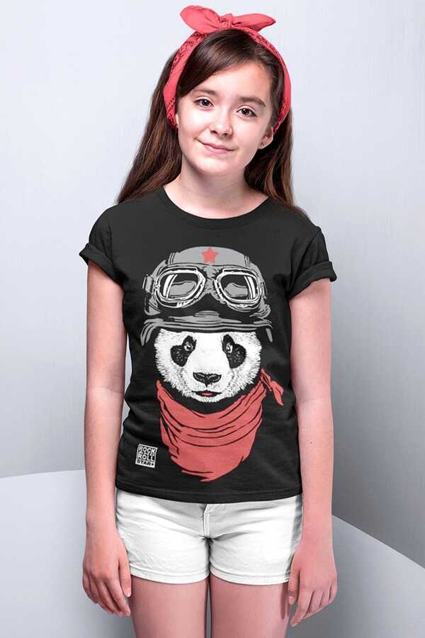 Bandanalı Panda Kısa Kollu Siyah Çocuk Tişört