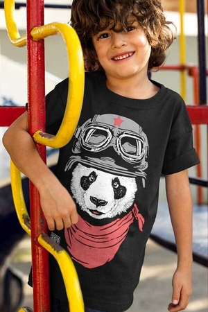 Bandanalı Panda Kısa Kollu Siyah Çocuk Tişört - Thumbnail