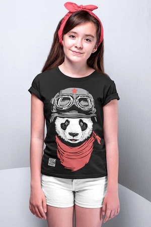 Bandanalı Panda Kısa Kollu Siyah Çocuk Tişört - Thumbnail