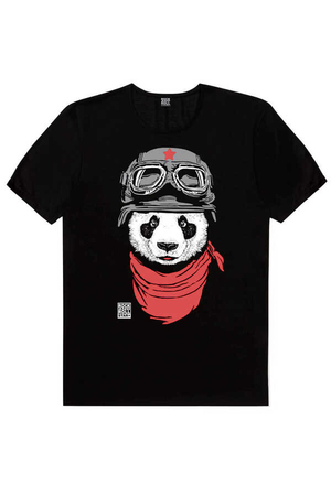 Bandanalı Panda Kısa Kollu Siyah Erkek T-shirt - Thumbnail