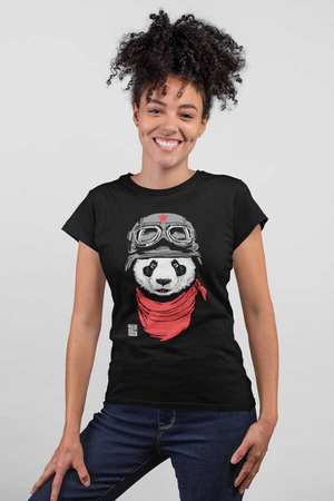 Bandanalı Panda Kısa Kollu Siyah Kadın|Bayan Tişört - Thumbnail