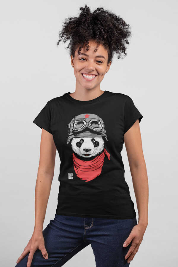 Bandanalı Panda Kısa Kollu Siyah Kadın|Bayan Tişört