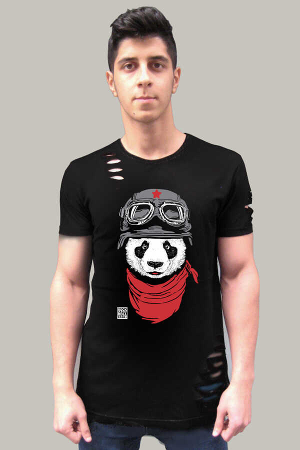 Bandanalı Panda Kısa Kollu Yırtık Ripped Siyah T-shirt