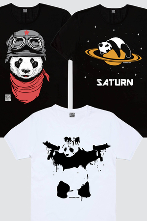 Rock & Roll - Bandanalı Panda, Satürnde Panda, Uzi Tabancalı Panda Erkek 3'lü Eko Paket T-shirt