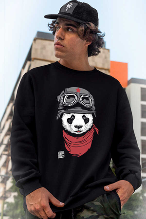  - Bandanalı Panda Siyah Bisiklet Yaka Kalın Erkek Sweatshirt