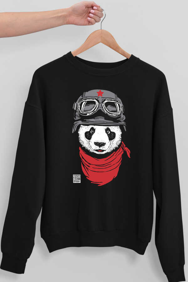 Bandanalı Panda Siyah Bisiklet Yaka Kalın Erkek Sweatshirt