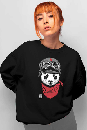  - Bandanalı Panda Siyah Bisiklet Yaka Kalın Kadın Oversize Sweatshirt