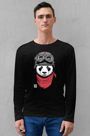 Bandanalı Panda Siyah Bisiklet Yaka Uzun Kollu Penye Erkek T-shirt - Thumbnail