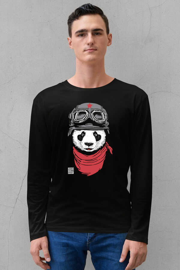 Bandanalı Panda Siyah Bisiklet Yaka Uzun Kollu Penye Erkek T-shirt