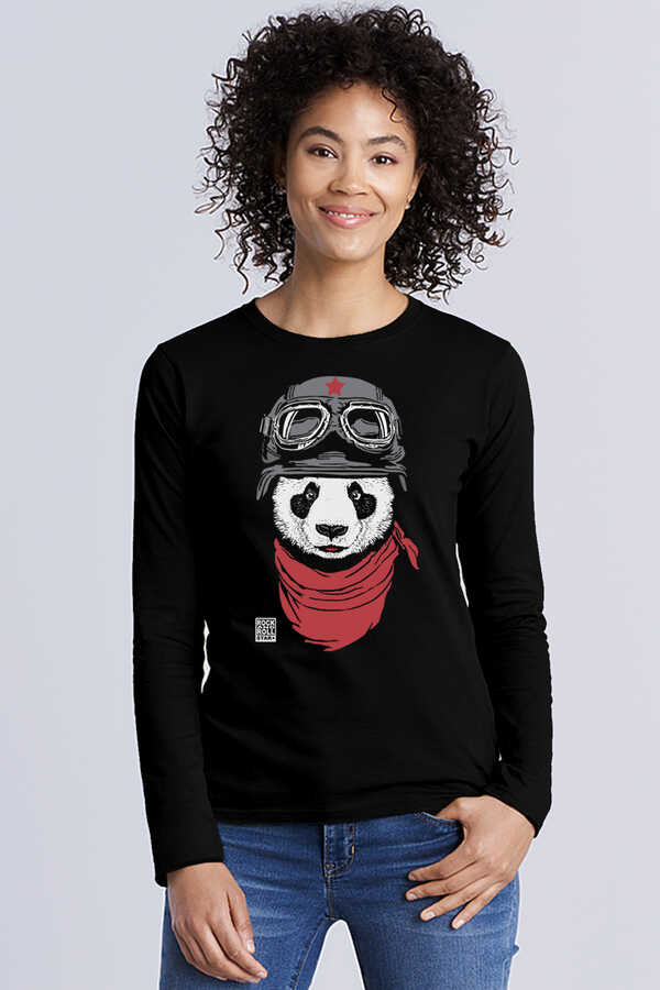 Bandanalı Panda Siyah Bisiklet Yaka Uzun Kollu Penye Kadın T-shirt