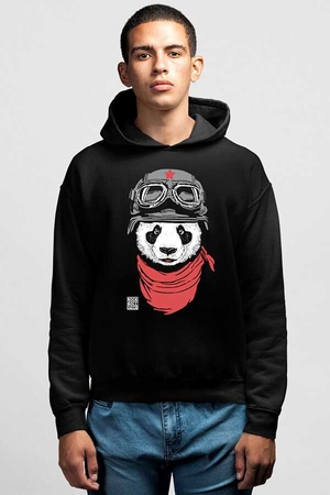 Bandanalı Panda Siyah Kapşonlu Erkek Sweatshirt - Thumbnail