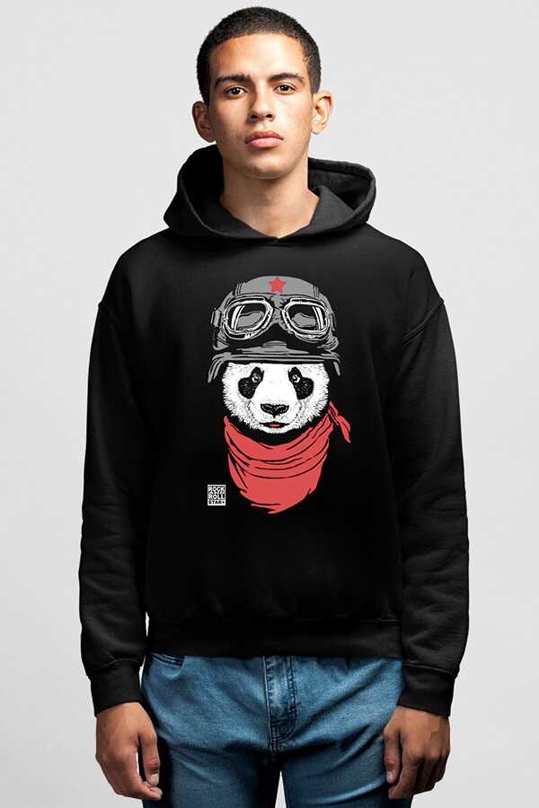 Bandanalı Panda Siyah Kapşonlu Erkek Sweatshirt
