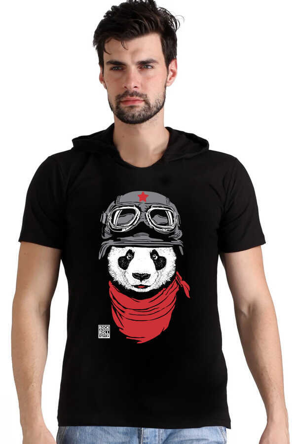 Bandanalı Panda Siyah Kapşonlu Kısa Kollu Erkek T-shirt