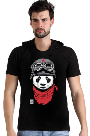 Rock & Roll - Bandanalı Panda Siyah Kapşonlu Kısa Kollu Erkek T-shirt