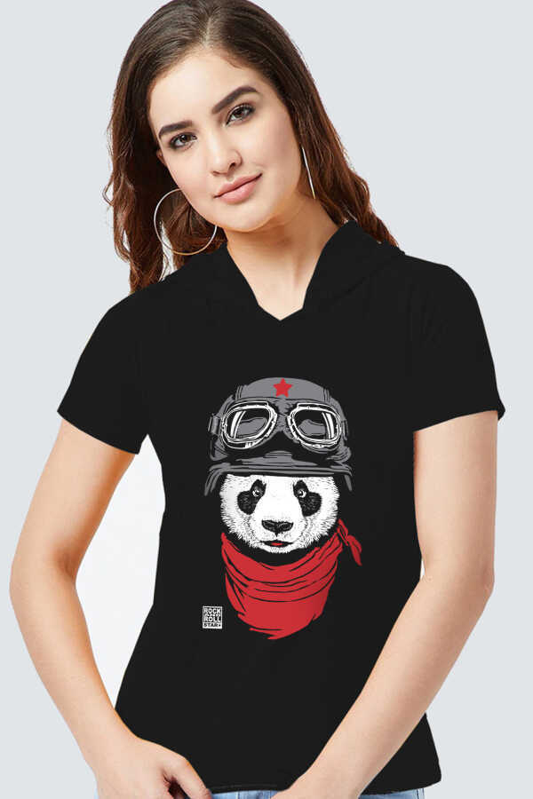 Bandanalı Panda Siyah Kapşonlu Kısa Kollu Kadın T-shirt
